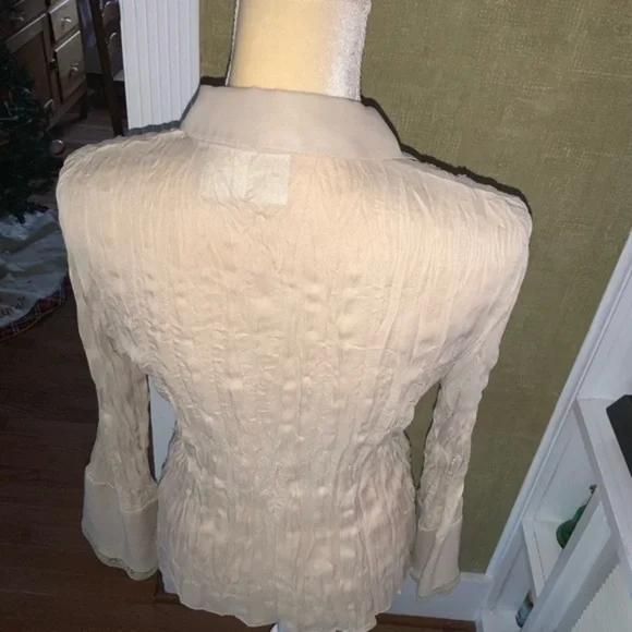 Vintage Tailor B Moss Beige/Tan Button Down Sheer Blouse with Lace Boho Medium - Picture 4 of 10